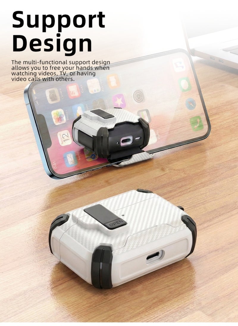 الآلة الصغيرة AirPods 4 قضية حماية درع صلبة نسيج ألياف الكربون الأبيض ، قفل قفل آمن غطاء سماعات أذن مقاومة للصدمات مجموعة كاملة مع مجموعة التنظيف وسلسلة المفاتيح المحمولة ، قشرة صندوق الشحن اللاسلكي المضاد للغبار - Image 5